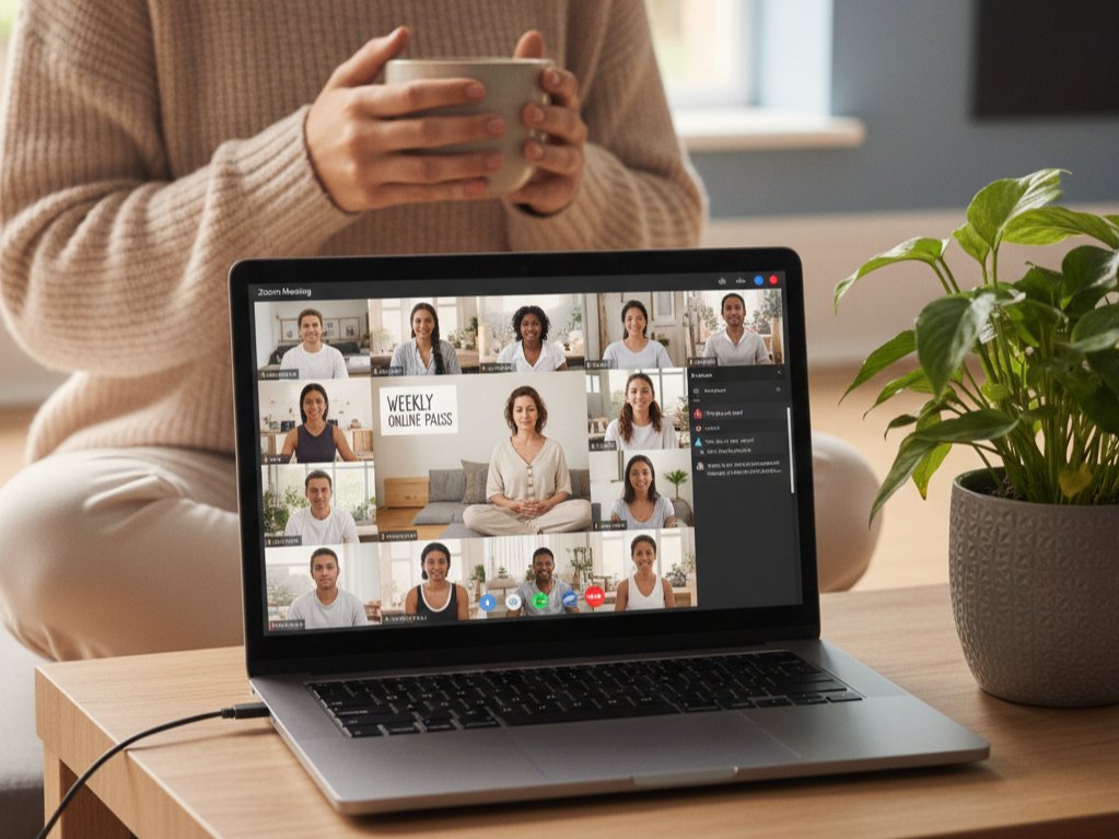 Women holding mug while hosting a Monday online meditation Zoom class on a laptop, showing a grid of diverse virtual participants in a calm home setting with plants and soft natural light.